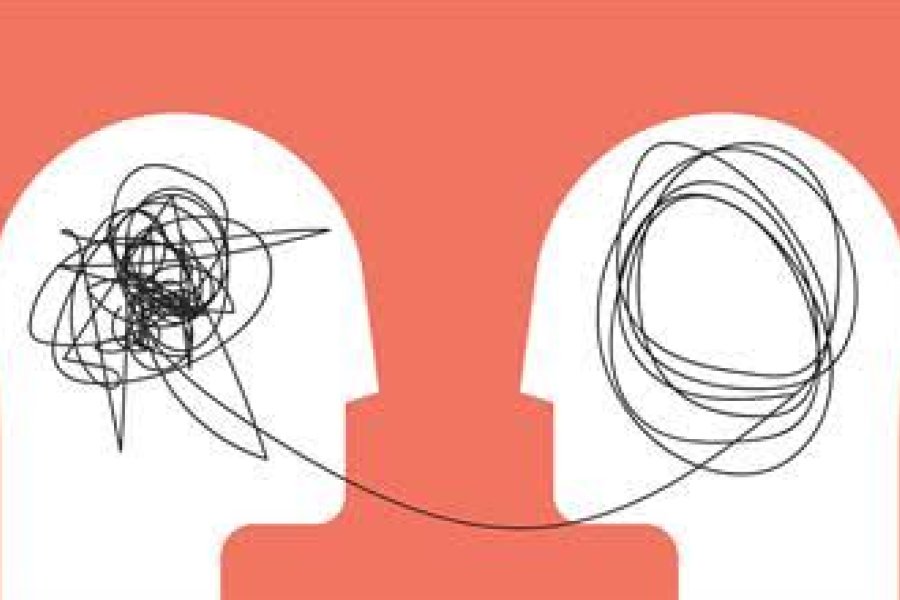 Two profile heads facing each other with tangled lines inside the left head that is then connected to the right head where the lines are organized in circles.