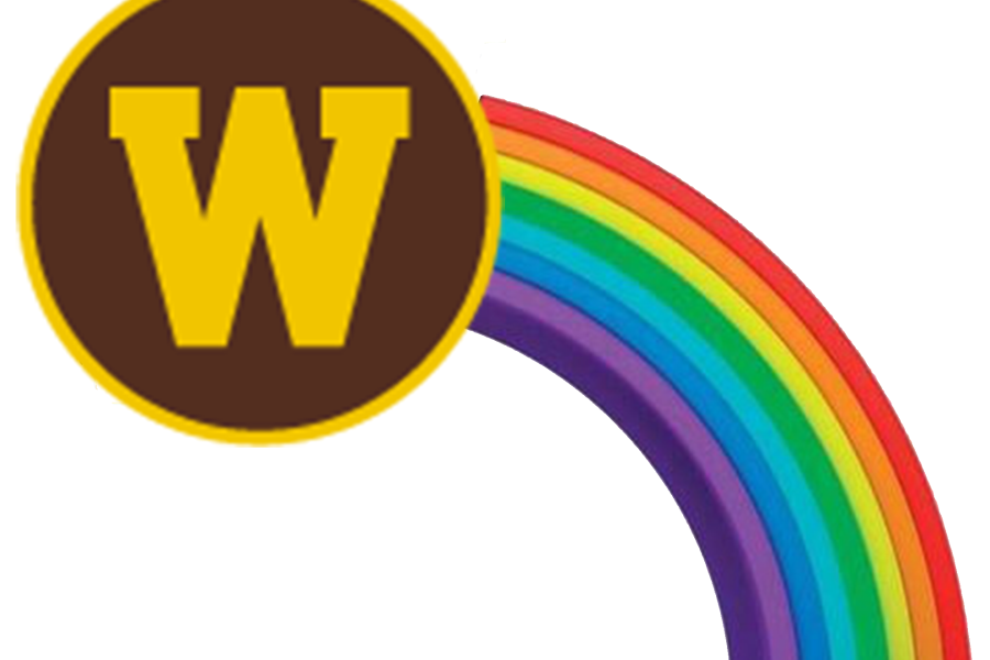 Gold W on brown circle with rainbow arch.