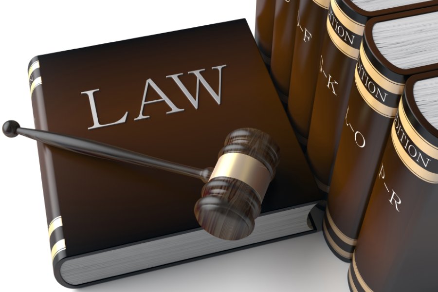 Photo of large book labeled "LAW" with gavel