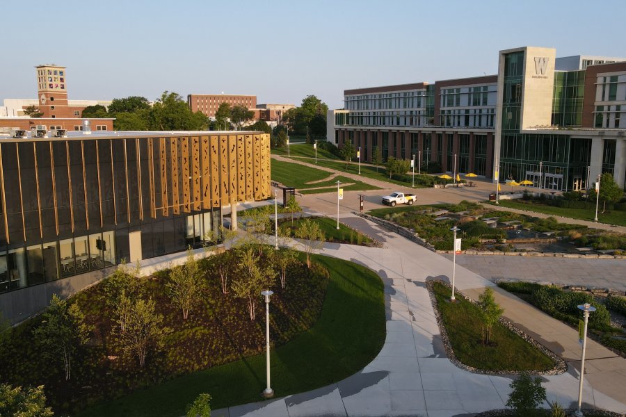 A drone shot of the student center and Sangren Hall.