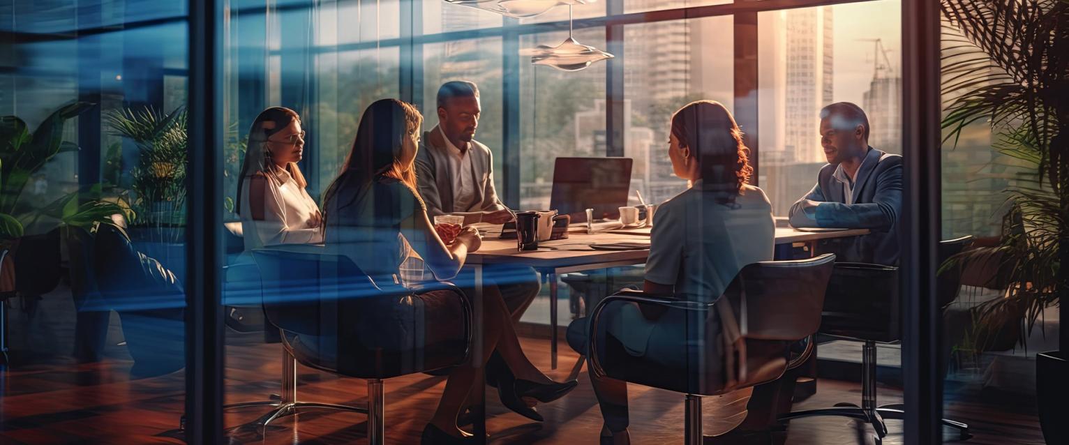 A slide sized cover image of many businesspeople meeting in an office. 