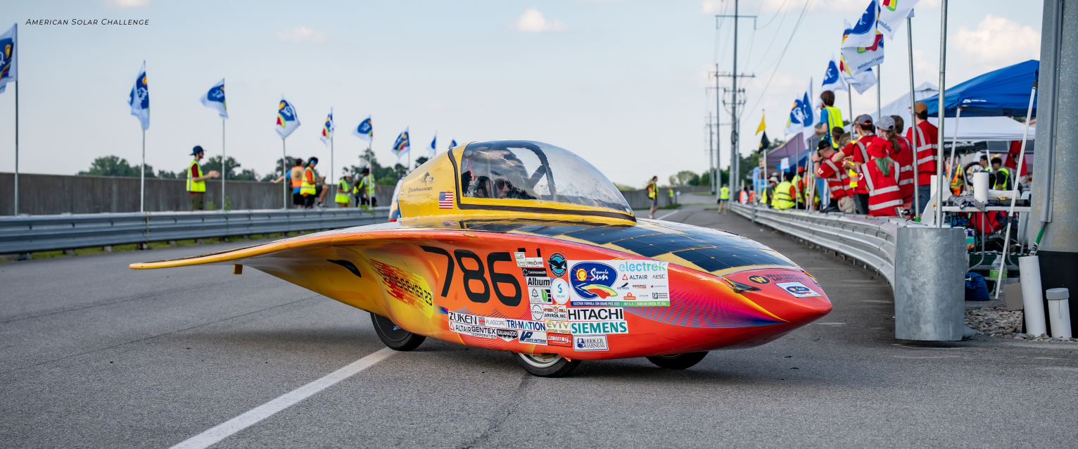 The Sunseeker solar car on the track.