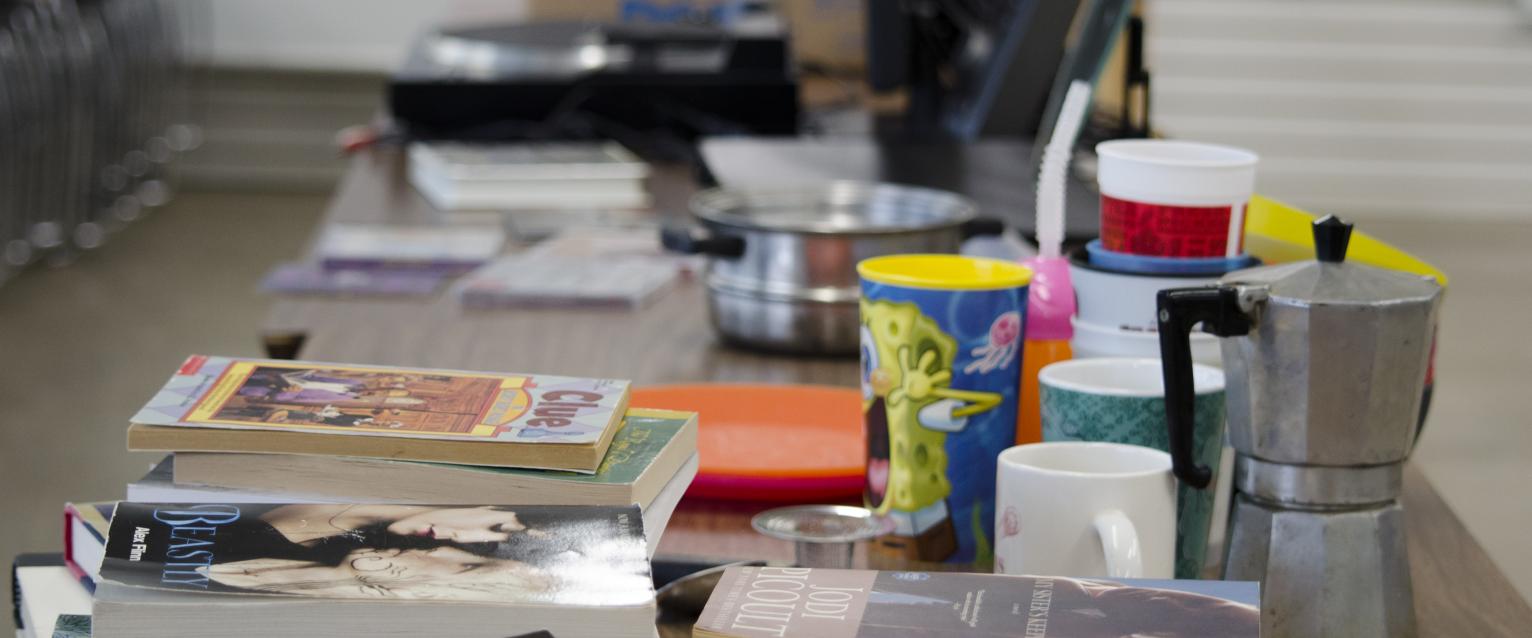 Books and cups on a table