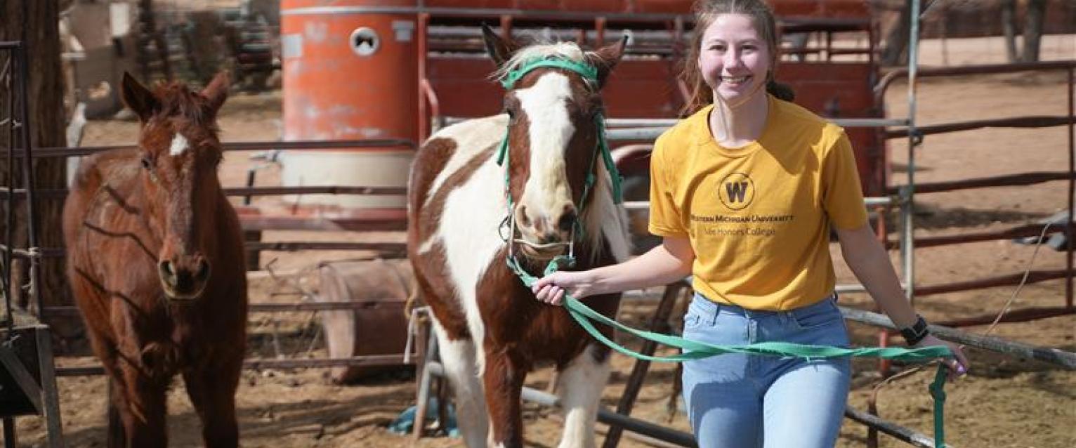 A student leads a horse by the reins.