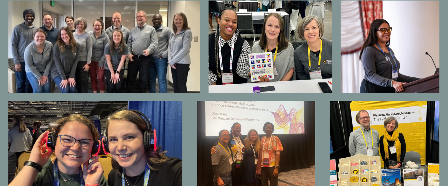 A collage of photos of Evaluation Center staff participating in conferences and events