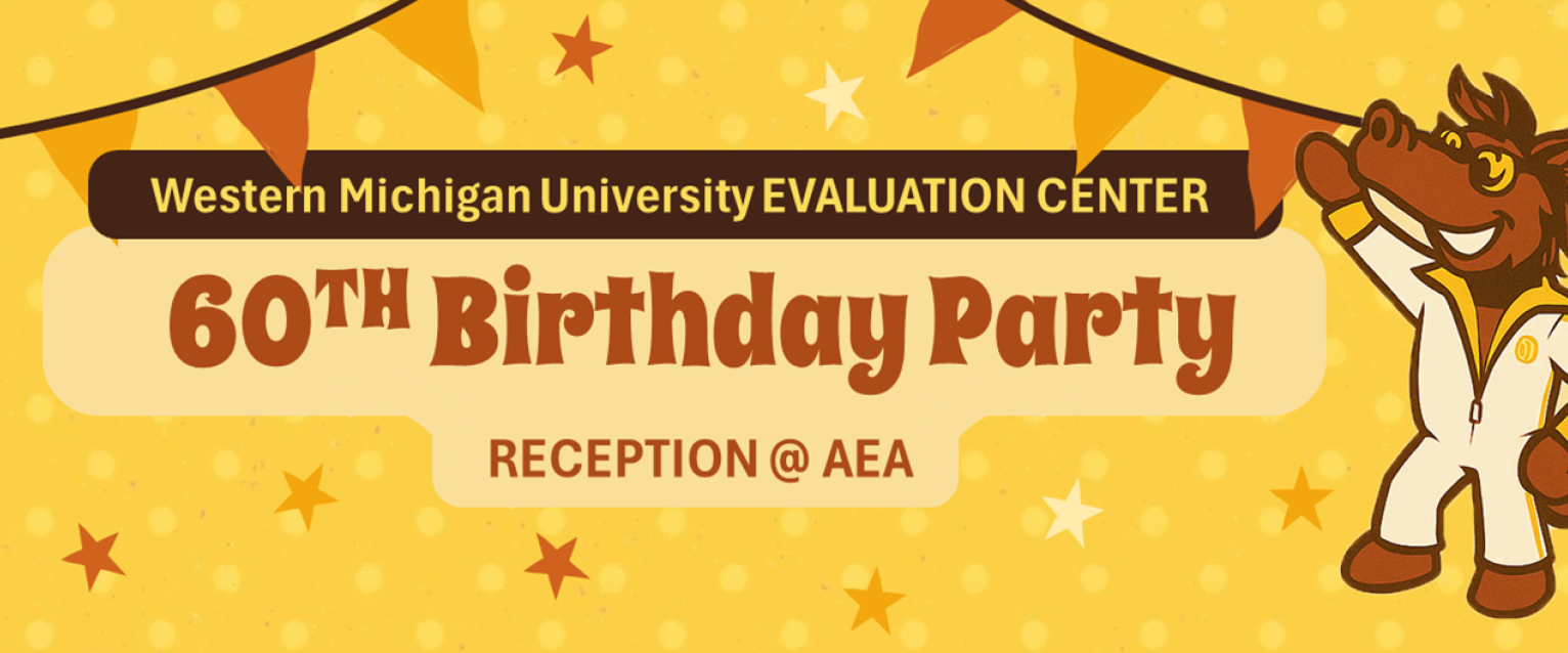 Blue and gold illustration with Buster Bronco text reading 60th Birthday Party Reception @ AEA