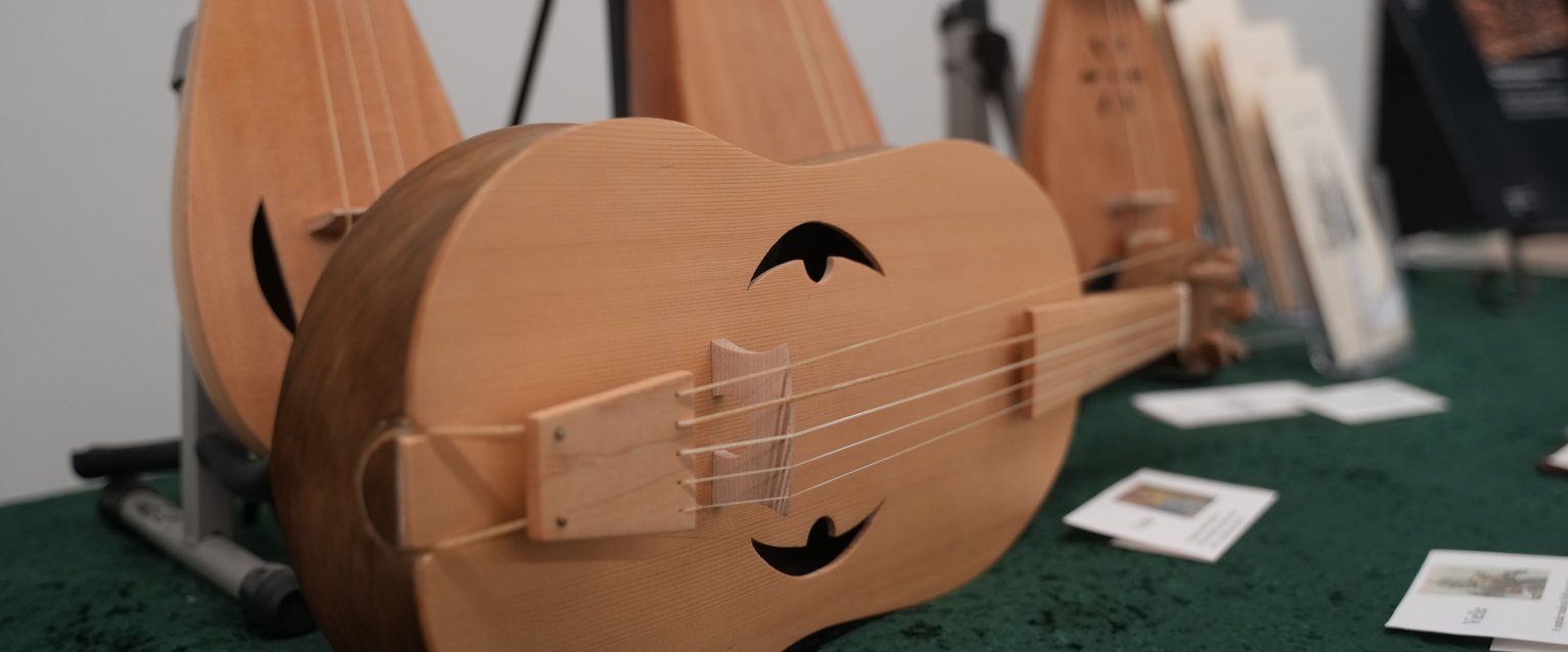 Stringed wooden instrument laying on its side in front of three other instruments on display.