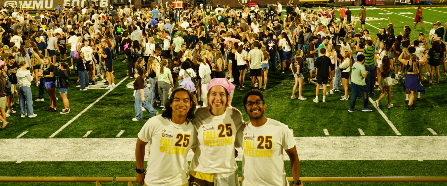Fall Welcome Student Staff posing during Stadium Night of Fall Welcome 2025.