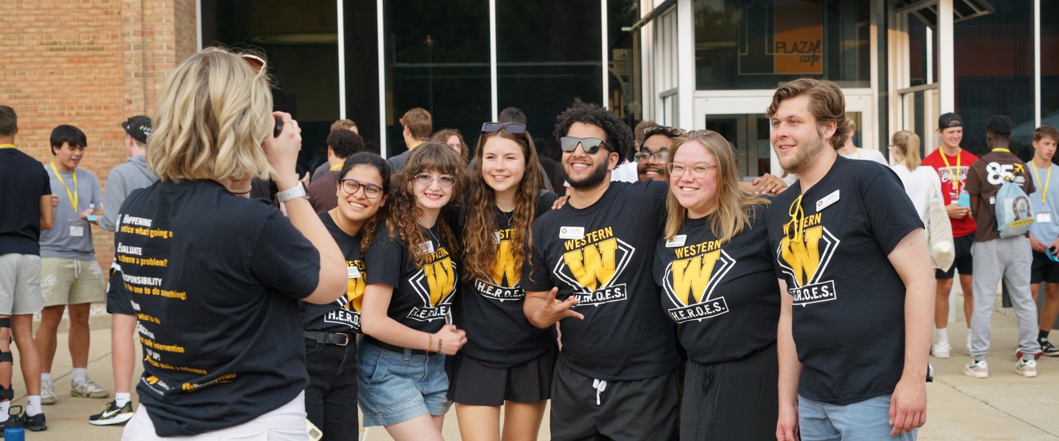 Orientation Student Leaders taking a photo during an Orientation Session near Brown Hall 2025