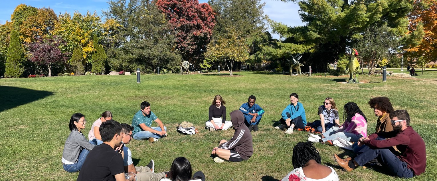 English language learning students sit outside in a circle in a grass park while practicing English.