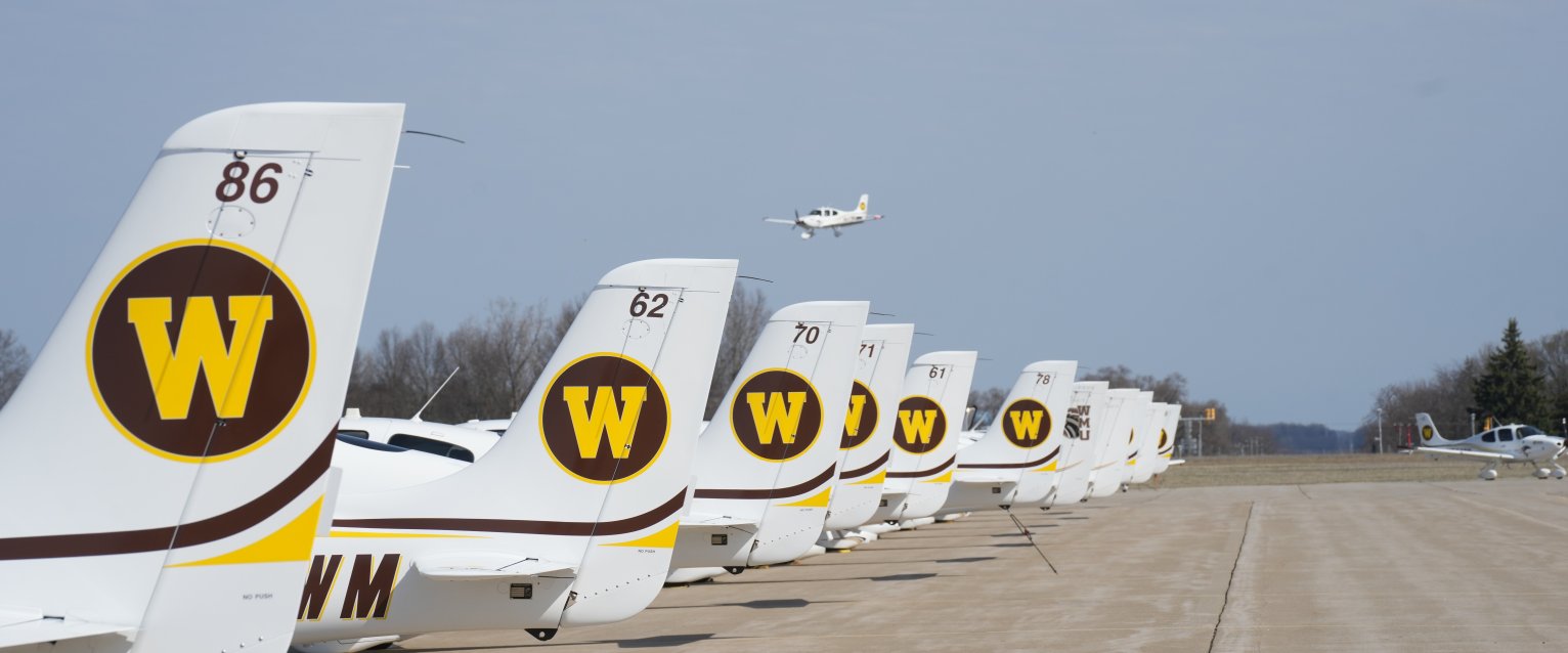Plane fleet lined up on runway.