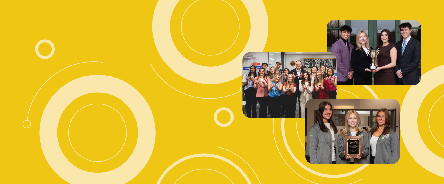 A yellow background with display circles and a collage of three photos of students holding up awards
