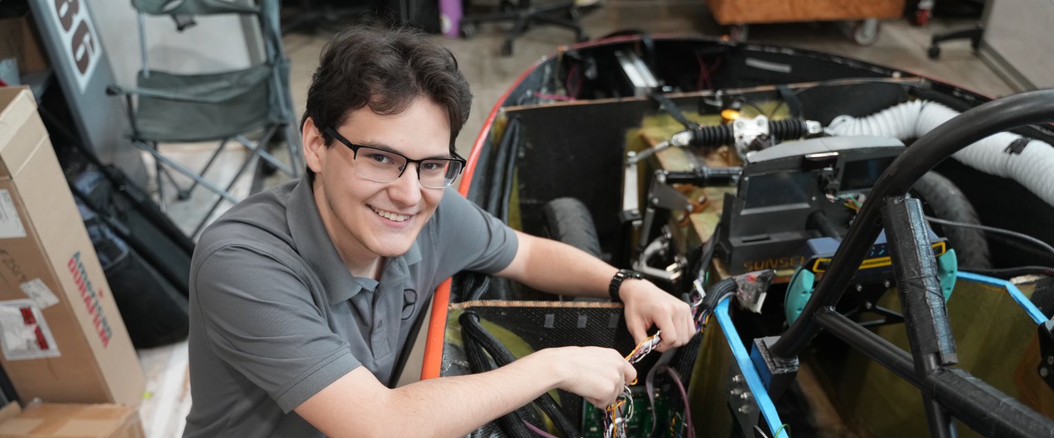 Cameron Ruiz, computer engineering student, working on solar car