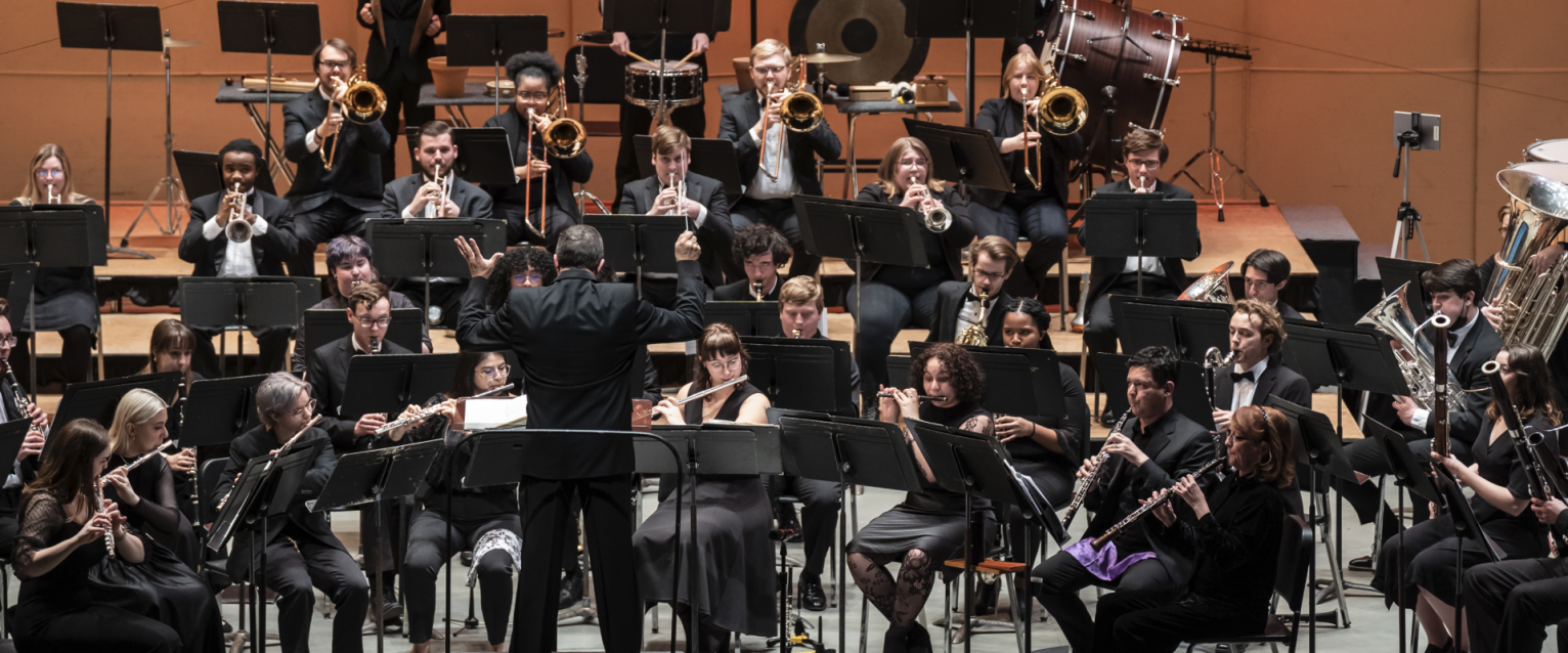 photo of person with arms up conducting an instrumental music ensemble