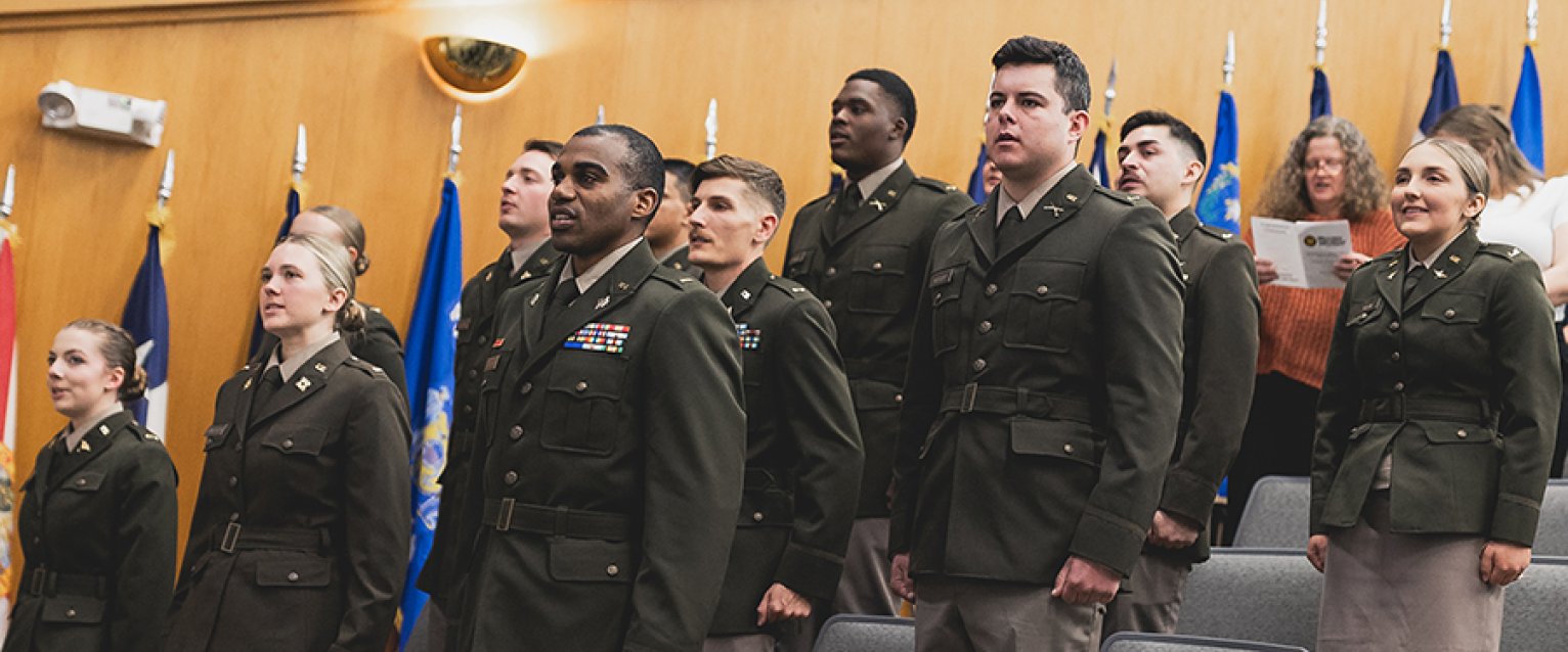 A line of students in the ROTC Commissioning Ceremony