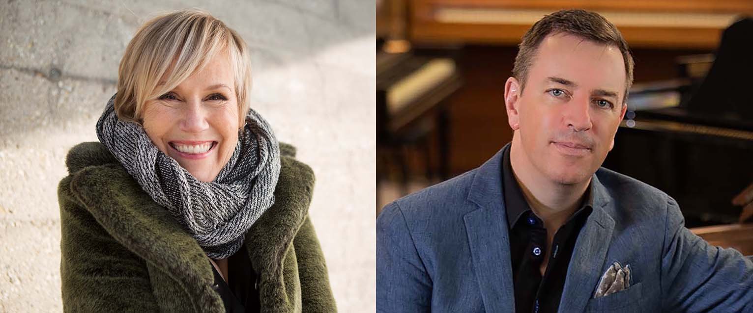 photo of woman wearing green winter coat and scarf on left and photo of man wearing a blue suit on the right