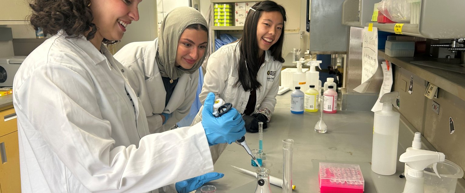 Three honors students in lab coats work with chemicals in the lab.
