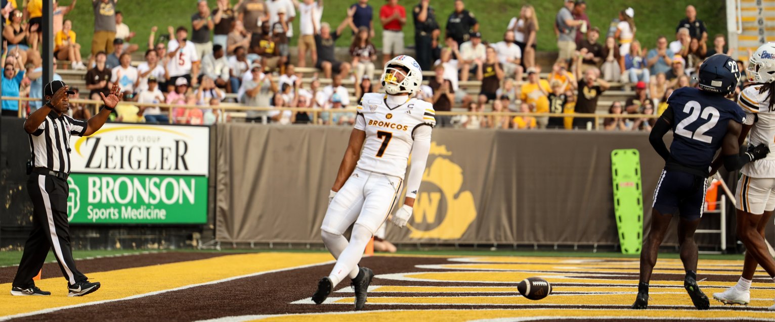 Bronco wide receiver Baylin Brooks celebrates after scoring a touchdown in the 2026 season home opener.