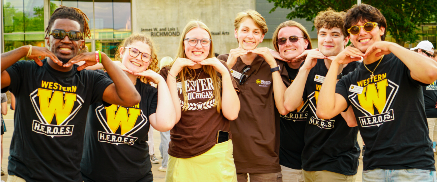 Orientation leaders hanging out by miller plaza