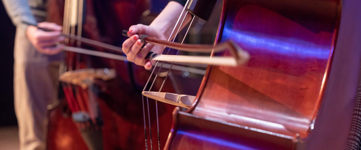 artistic photo of two at the cello, camera focus on their bows on the strings.