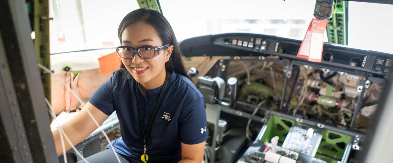 Yewon Lee, who is double majoring in aviation maintenance technical operations and aviation flight science, is interning with the avionics install team at Duncan Aviation in Battle Creek. In the internship, she's learning how to route wires in aircraft.