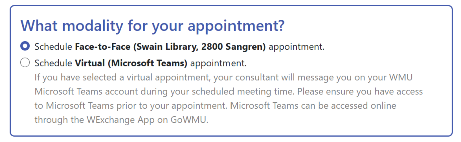 Screenshot of appointment sheet for virtual or in-person modality option when scheduling. 