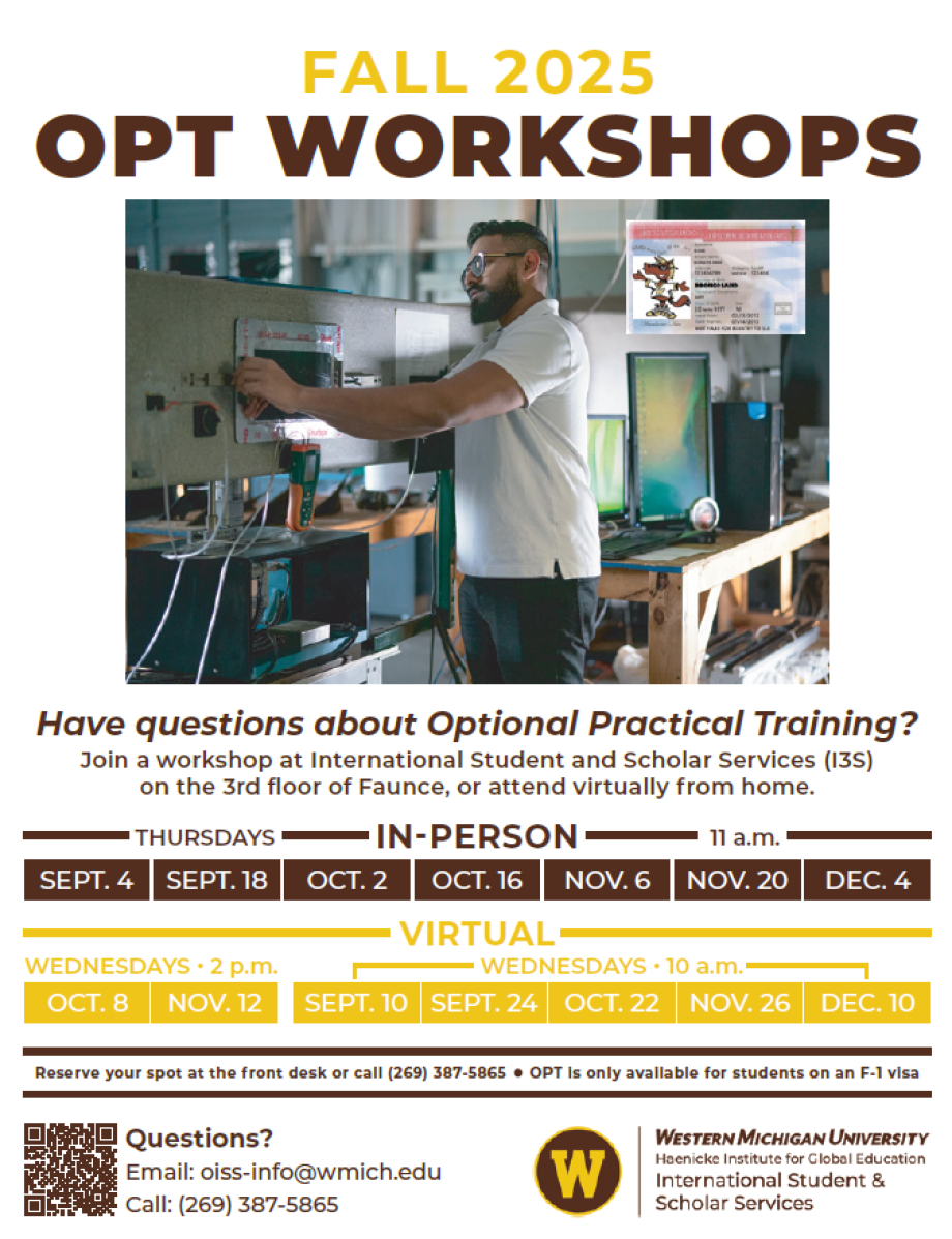 A flier for OPT Workshops for International Students