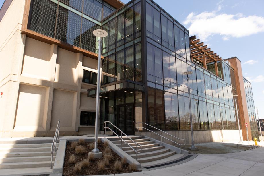 Exterior of Dunbar Hall, including the main entrance.