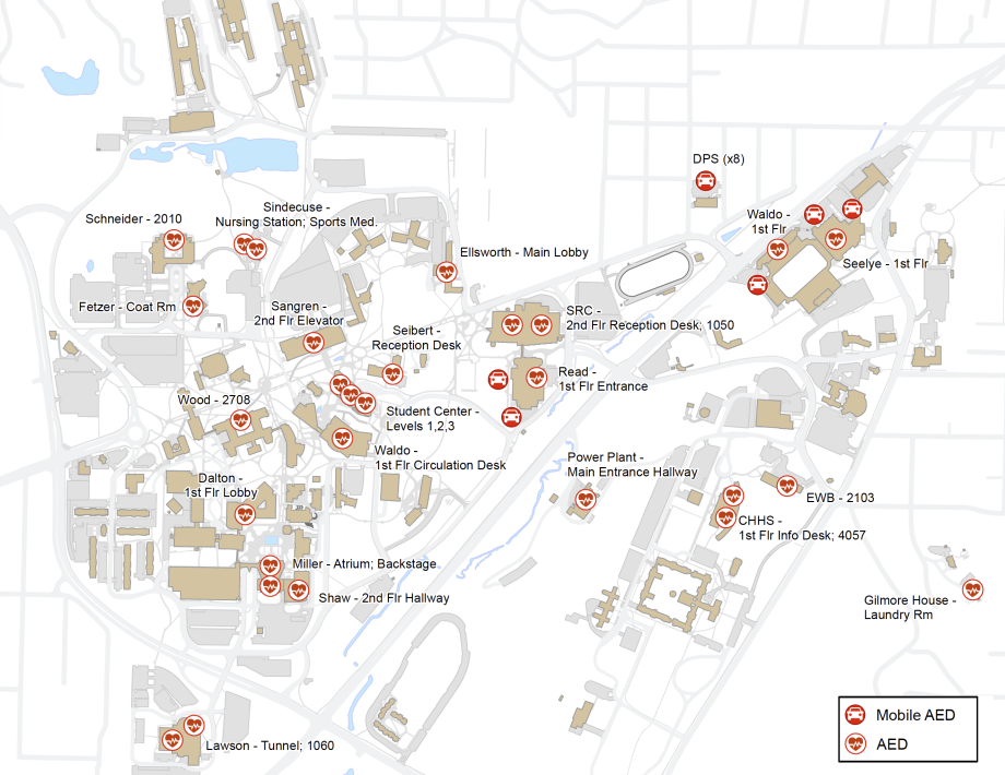 Illustration showing AED locations on WMU Main Campus.