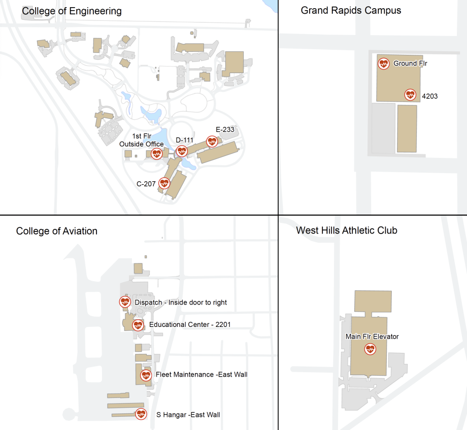 Illustration showing AED locations on the Parkview campus, Grand Rapids, Aviation campus in Battle Creek, and at West Hills Athletic Club.