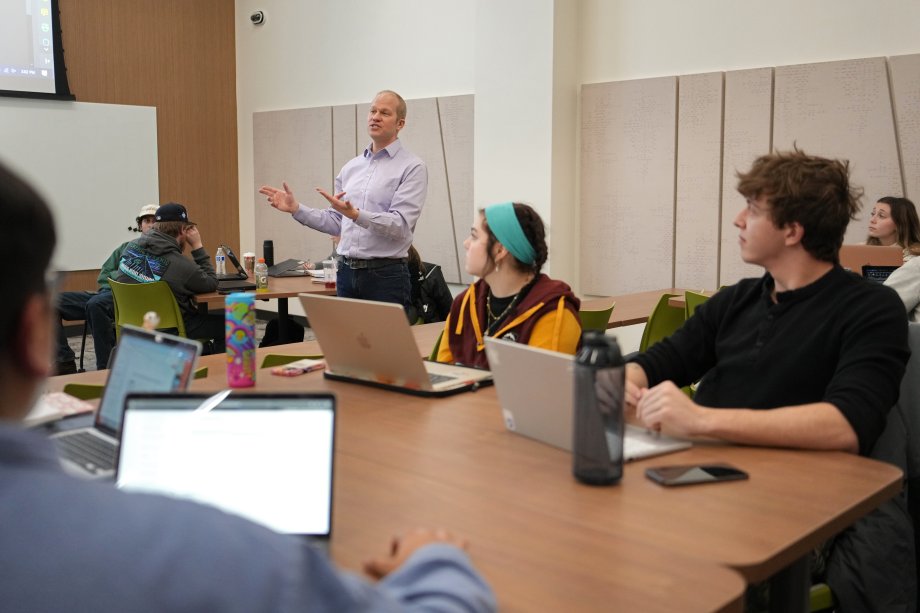 Professor and students in Dunbar Hall classroom