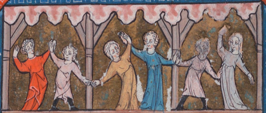Manuscript illustration of three couples dancing.