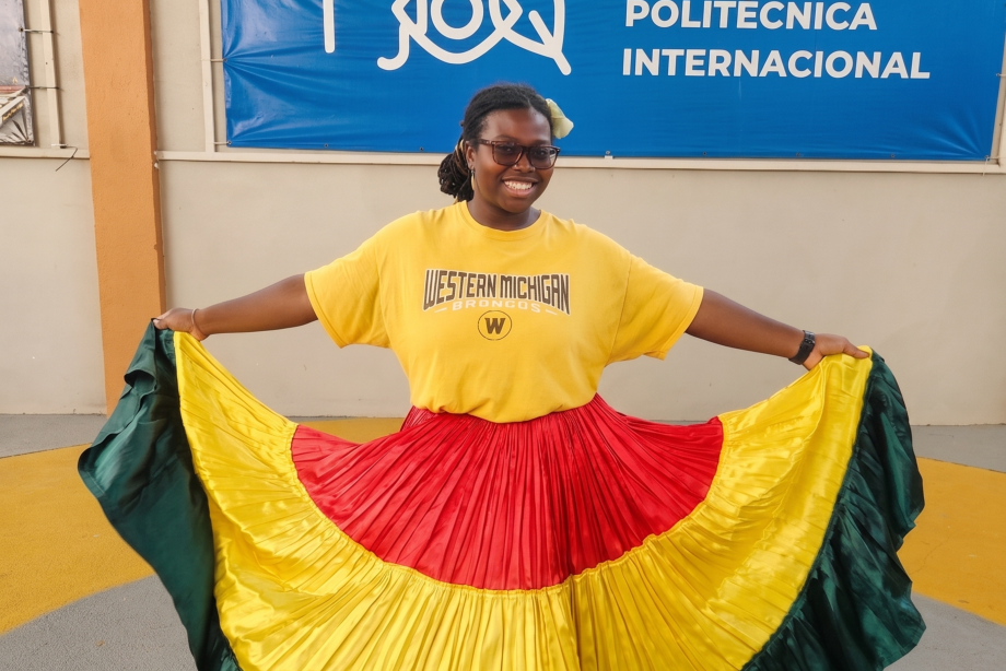 Education student, Dhani James, wears a traditional Costa Rican skirt