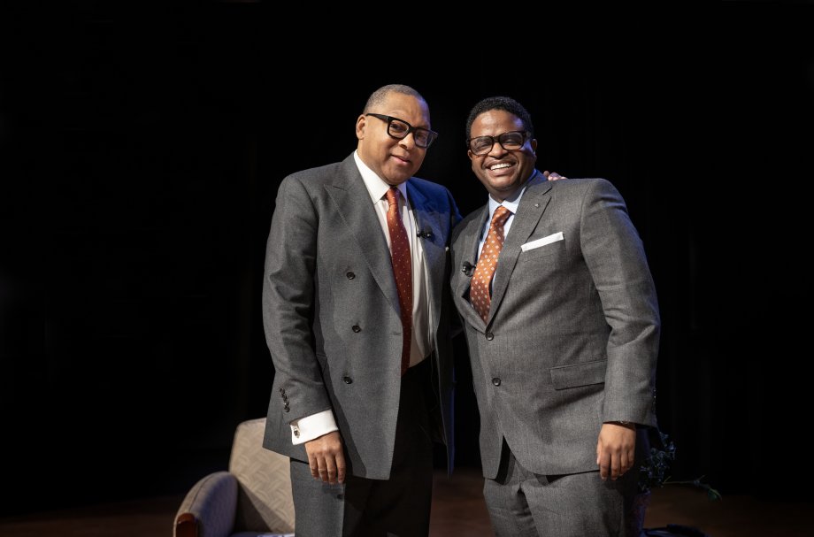 Wynton Marsalis and Millard Southern III stand for a photo together.