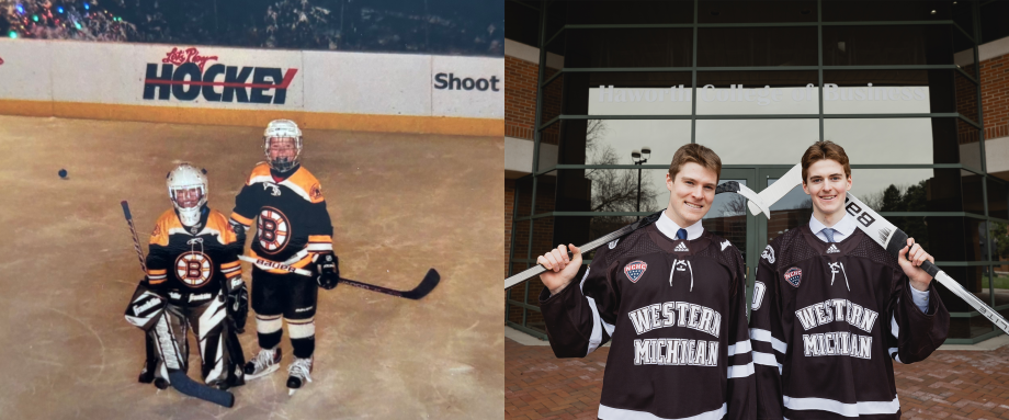 Two photos side by side. On the left, Grant and Hampton Slukynsky as children in their backyard ice rink. On the right: Grant and Hampton Slukynsky as college students holding hockey sticks in front of Haworth College of Business.