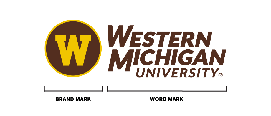 WMU logo with diagram showing the difference between a brand and word mark. 