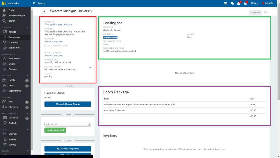 Screenshot of Handshake reviewing the employer registration request 