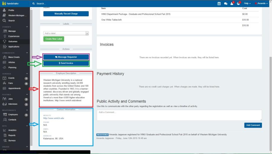 Screenshot of Handshake showing employer description, message requester, and send invoice