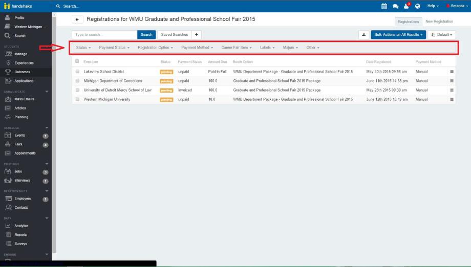 Screenshot of Handshake showing a bar of tools you can use when trying to find an employer 