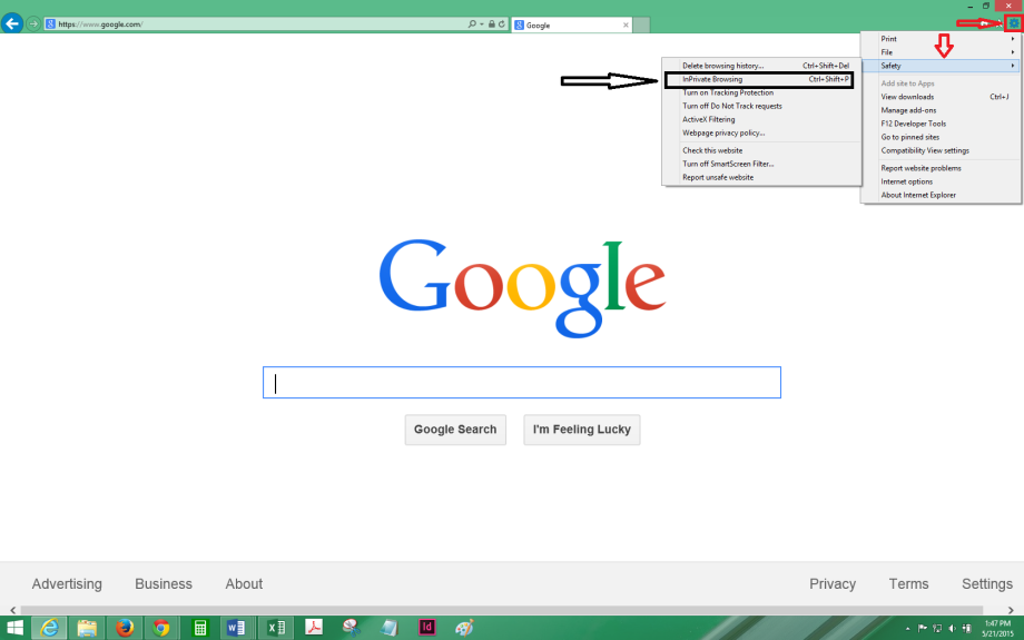 screenshot of internet explorer showing inprivate browsing option