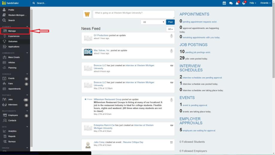 Screenshot of Handshake showing the manage tab 