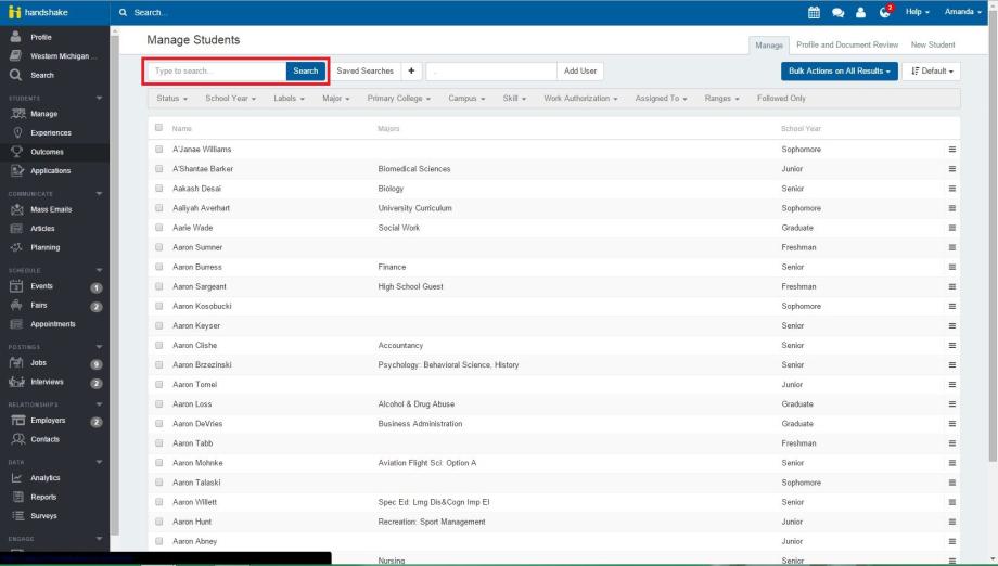 Screenshot of Handshake showing the search bar 
