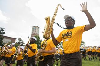 Members of the Bronco Marching Band perform at Bronco Bash.