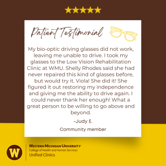 Image of a patient testimonial explaining how a staff at the low vision clinic fixed her glasses.