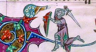 Manuscript illustration of a person wearing armor, holding a shield and a sword, attacking a giant snail.