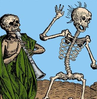 Image of two skeletons dancing, the one on the left is wearing a green cloth draped around it like a toga and is playing a recorder.
