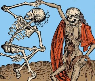 Image of two skeletons dancing, the one on the right has an orange cloth draped over its shoulders.