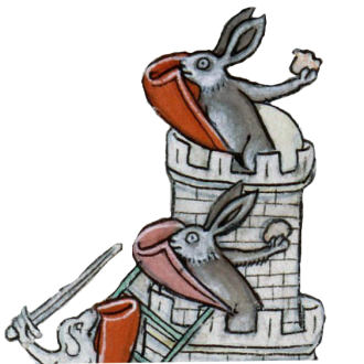 Manuscript illustration of two rabbits holding shield and defending a tower against a dog wielding a shield and sword climbing a ladder.