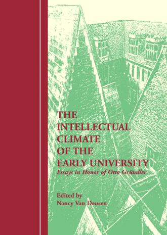 'Cover of "The Intellectual Climate of the Early University"; the text is in red font over a green monochrome picture of a building with pointed roofs.'