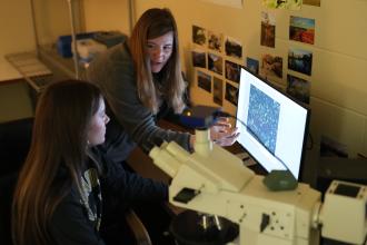 A student points to a computer.